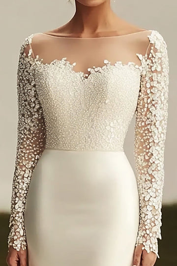 Elfenben skede Satin langærmet blonder brudekjole med slæb